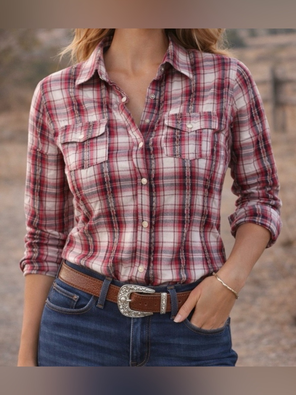 Woolrich Western Pearl Snap Front Shirt 100% Cotton Red Plaid Women's Large